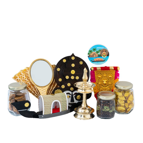 Kerala Onam Delight Hamper – Spices, Kathakali, Brass Vilaku & Traditional Gifts