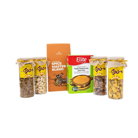 Onam Festive Treats Hamper – Cashew, Spices, Banana Chips, Jaggery Chips & Palada Payasam Mix