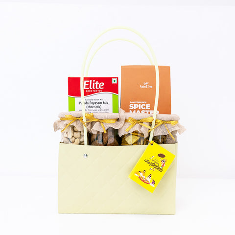 Onam Festive Treats Hamper – Cashew, Spices, Banana Chips, Jaggery Chips & Palada Payasam Mix